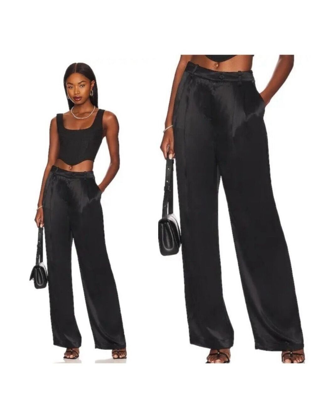 L'Academie Sheen Satin Leander Wide Leg Trouser in Black